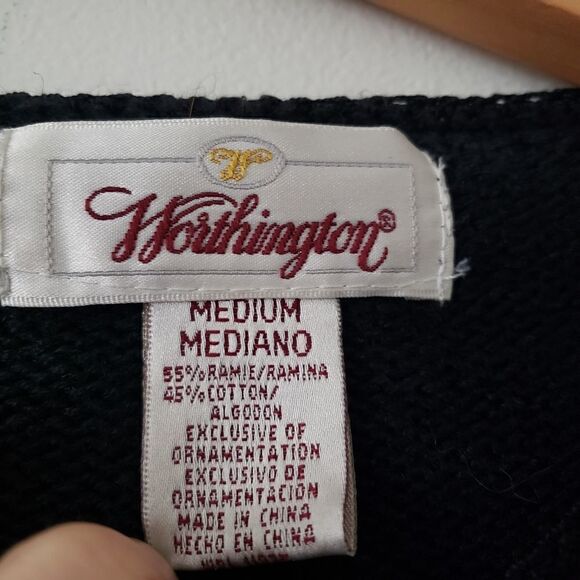 Vintage Worthington Embroidered Cardigan Sweater Black Cream Pink M Beaded - Picture 6 of 6